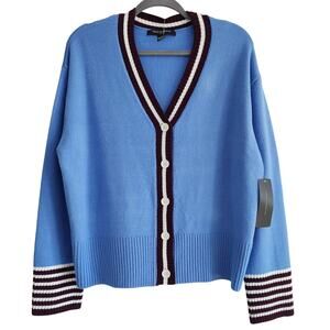 French Connection Blue & Brown V-Neck Button Down Cardigan Sweater Size Large